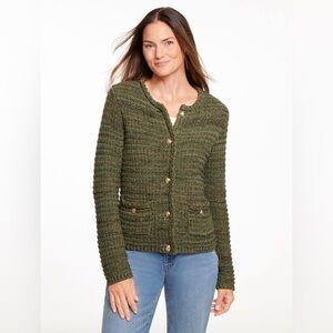 Talbots Tuck Stitch Crewneck Gold Button Cardigan in Green